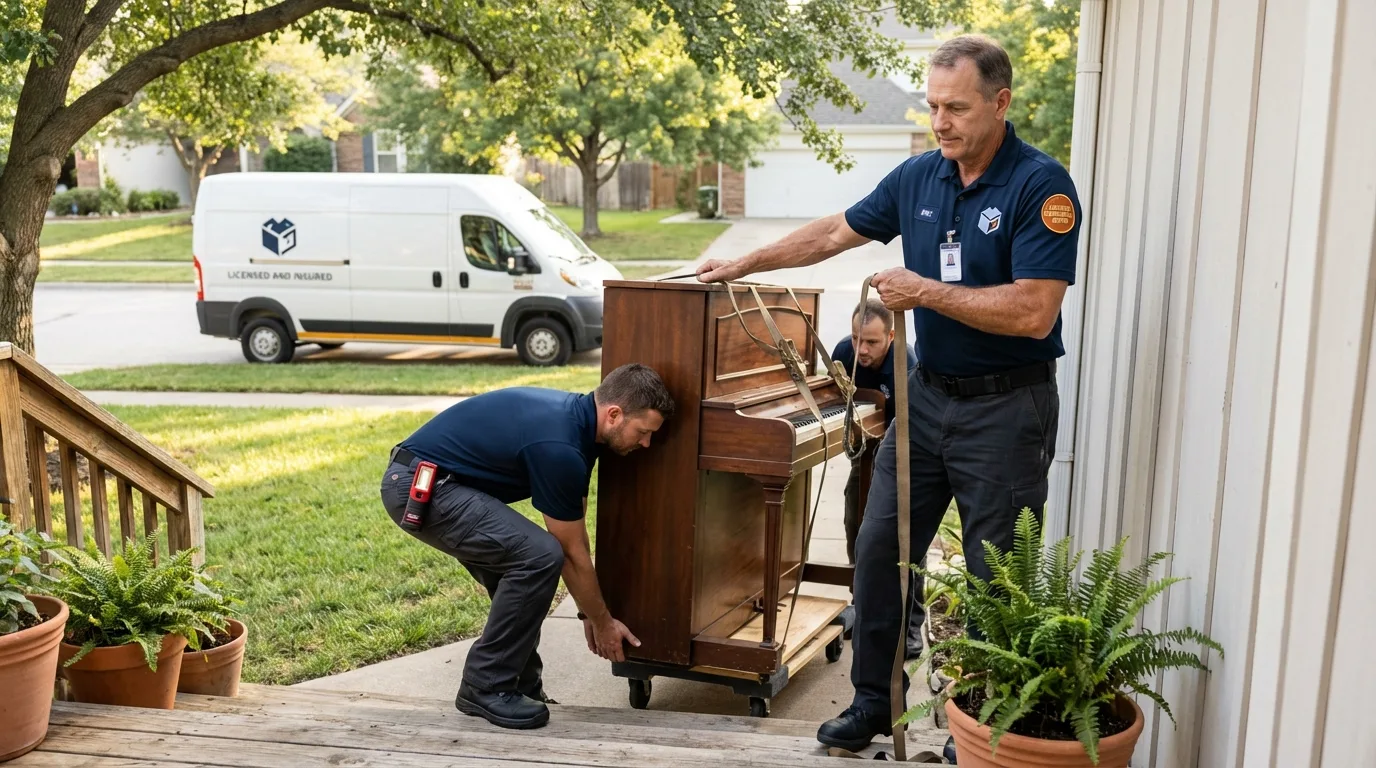 Licensed piano movers securing grand piano in Pioneer, CA