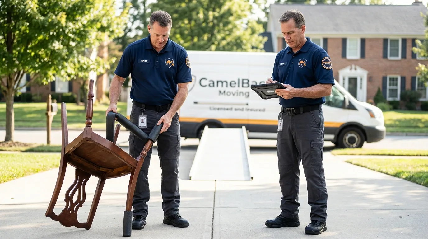 Movers inspecting furniture for damage prevention before loading in Pioneer, CA