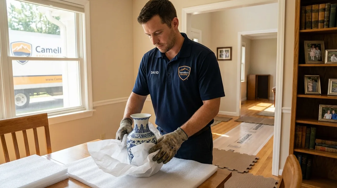 Professional crew carefully wrapping antique vase for senior downsizing move in Pioneer, CA