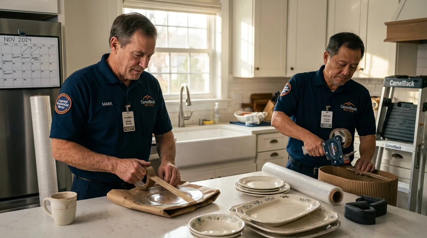 Professional crew packing kitchen dishware in Pioneer, CA